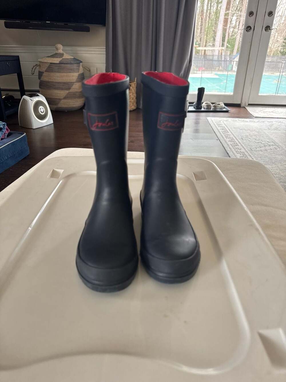 Joules Kids' Field Welly Rain Boots French Navy with Red Trim - Picture 2 of 5
